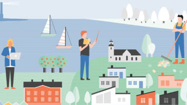 Personer i olika arbetsroller på en illustrerad bild av Kimitoön.